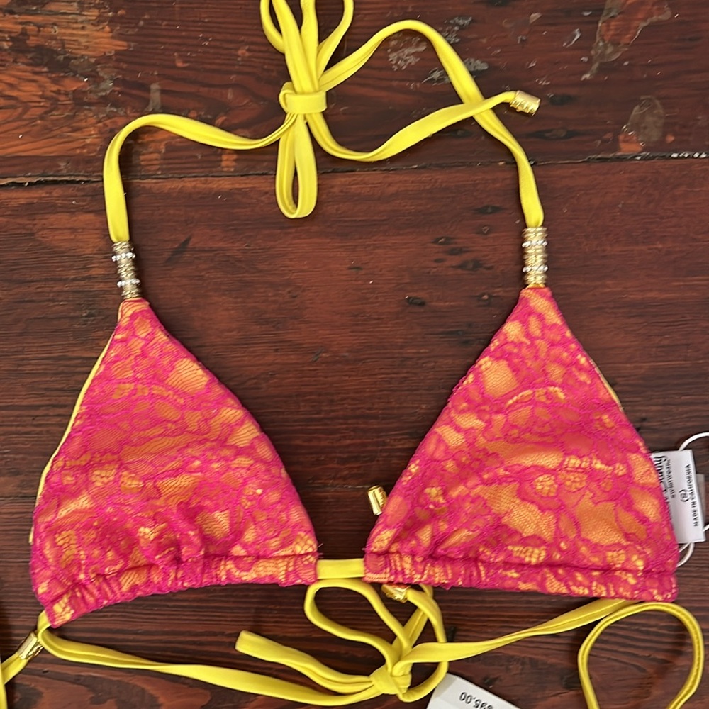 Beach Bunny Yellow & Pink Lace Bikini with Gold and Crystal Beading - Picture 3 of 9